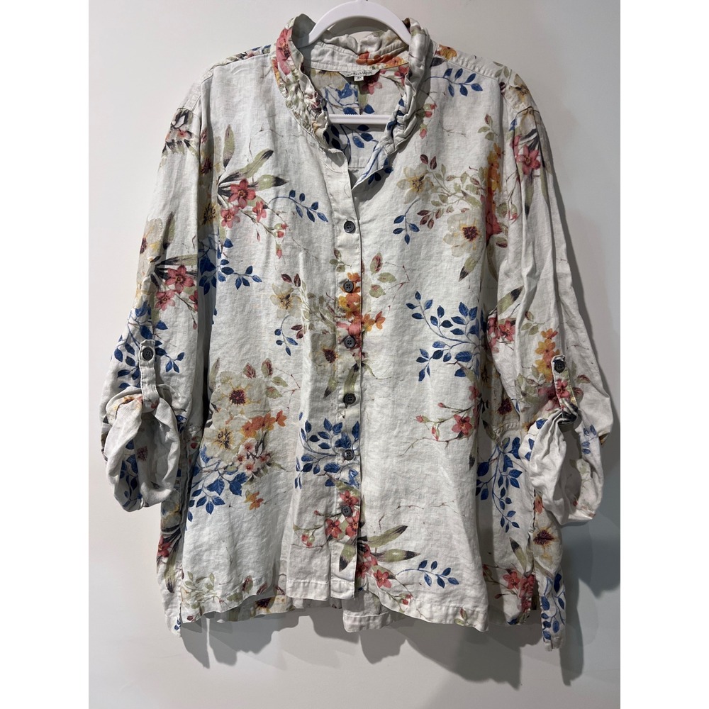 John Mark Womens 3X Floral Linen Button Up Roll Tab Sleeve Shirt White Multi
